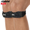 Black patterned knee brace for patellar tendon support worn on the thigh.