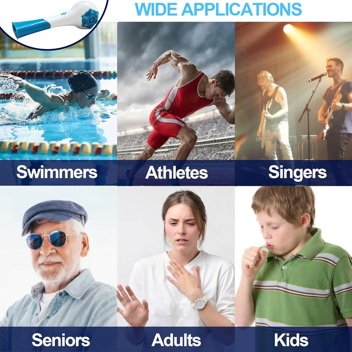 An adjustable handheld lung expansion trainer is shown with various users including swimmers, athletes, singers, seniors, adu