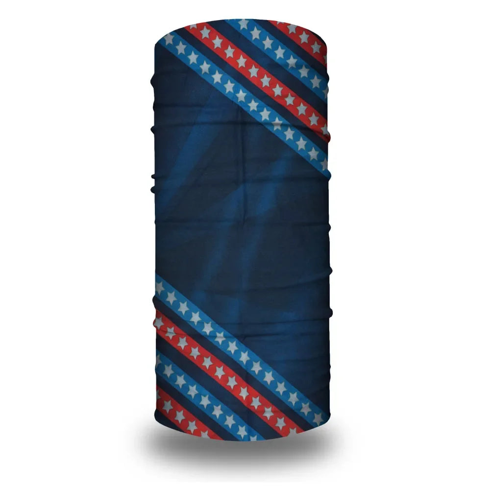A navy blue fabric tube bandana featuring red and white stars and stripes pattern.