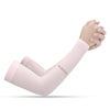 A hand wearing a light pink fashion arm sleeve, demonstrating the fit and color.