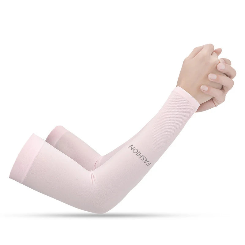 A hand wearing a light pink fashion arm sleeve, demonstrating the fit and color.