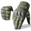 A pair of olive green tactical touch screen outdoor gloves shown in a close-up view.