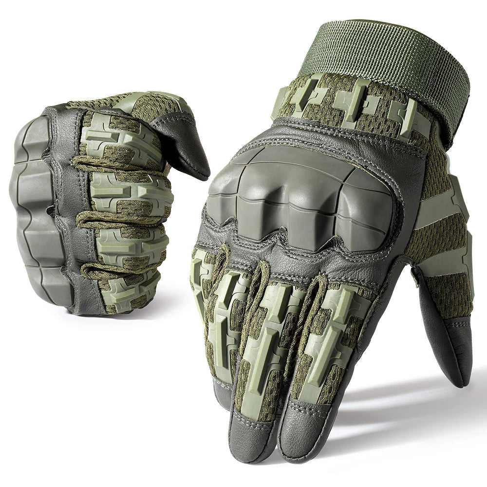 A pair of olive green tactical touch screen outdoor gloves shown in a close-up view.