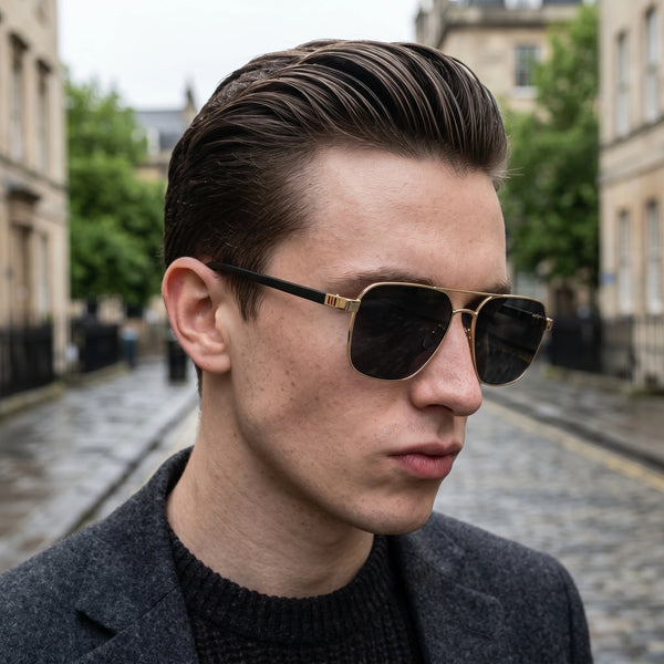 A close-up portrait of a man wearing classic square aviator sunglasses with gold accents.