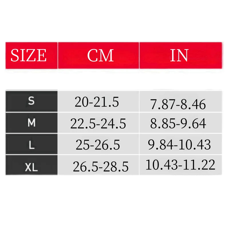 Size chart showing measurements in centimeters and inches for S, M, L, and XL sizes of an ankle support brace.