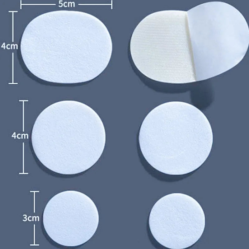 A collection of self-adhesive shoe repair patches in various sizes, including 5cm, 4cm, and 3cm circles.