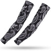 A pair of black patterned sports arm sleeves with paisley designs shown diagonally.