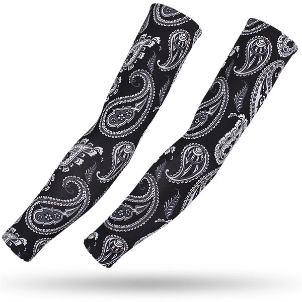 A pair of black patterned sports arm sleeves with paisley designs shown diagonally.
