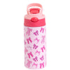 A pink insulated stainless steel thermos cup with a floral pattern and a pink lid.