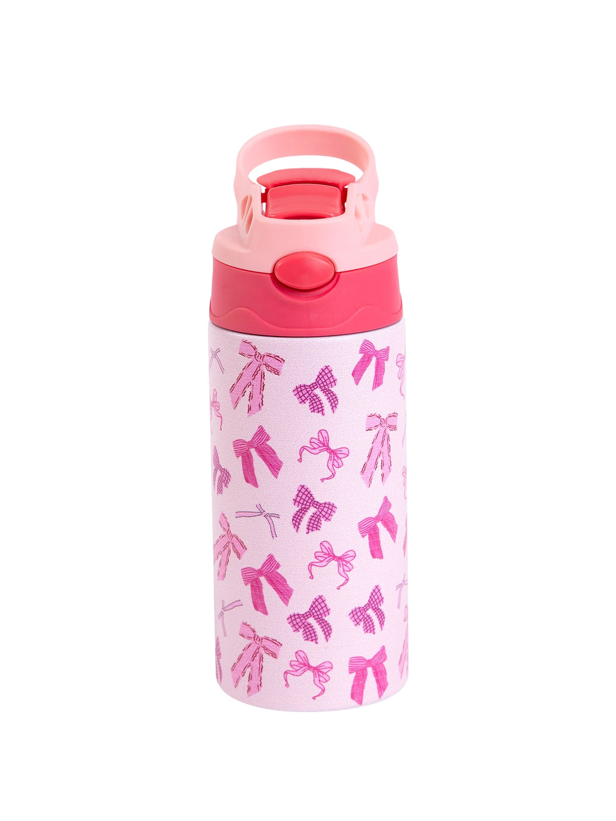 A pink insulated stainless steel thermos cup with a floral pattern and a pink lid.