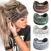 A woman wearing a brown patterned bohemian cotton stretch headband and several matching headbands.