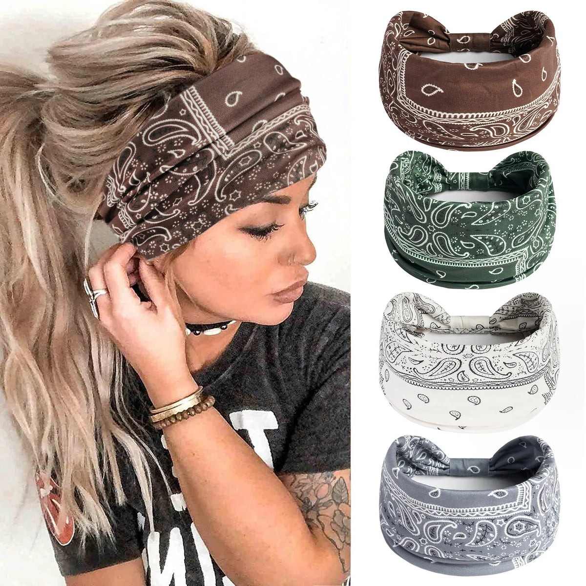 A woman wearing a brown patterned bohemian cotton stretch headband and several matching headbands.
