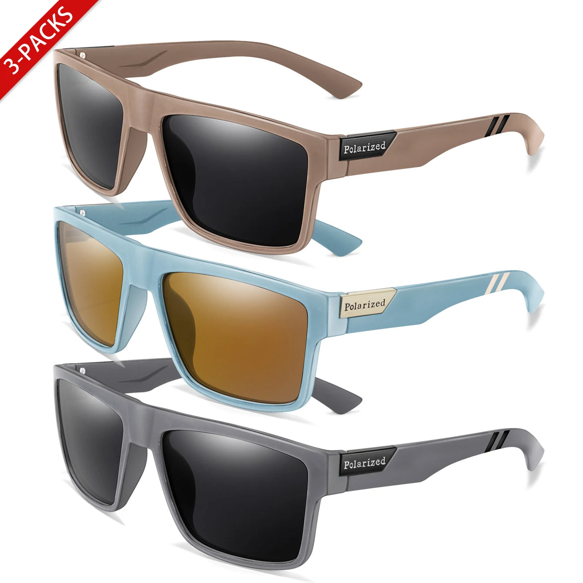 Three pairs of polarized square sunglasses in brown, light blue, and gray for outdoor sports