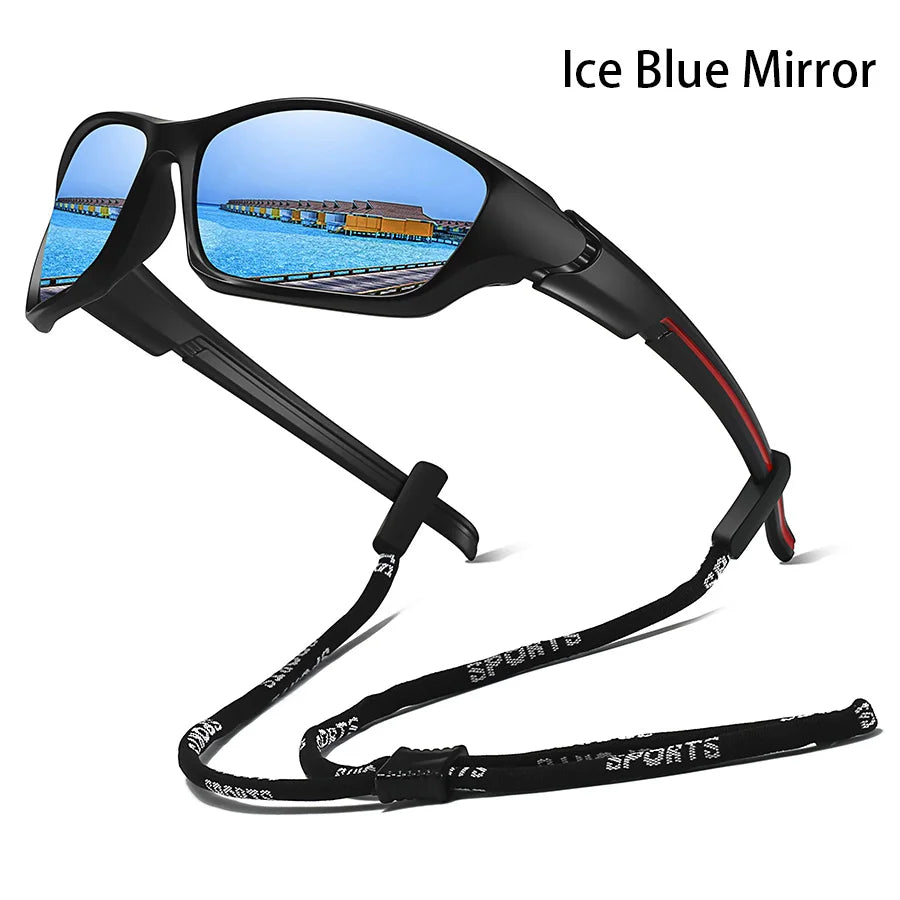Ice Blue Mirror sunglasses with black frames and a strap, featuring a scenic view.