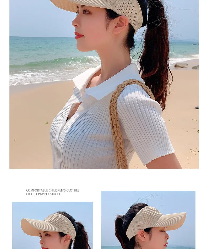 A woman wearing a beige breathable anti-UV adjustable sun hat outdoors near the sea.