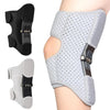 A pair of gray joint support knee pads are shown, one in a standalone view and one worn on a leg.