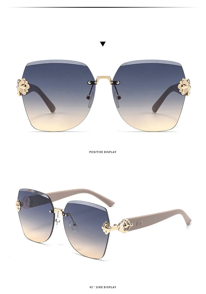 A pair of light luxury frameless sunglasses with gold accents shown in a positive and side display.