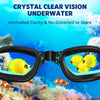 A pair of black swimming goggles with a clear lens showing underwater fish and coral.