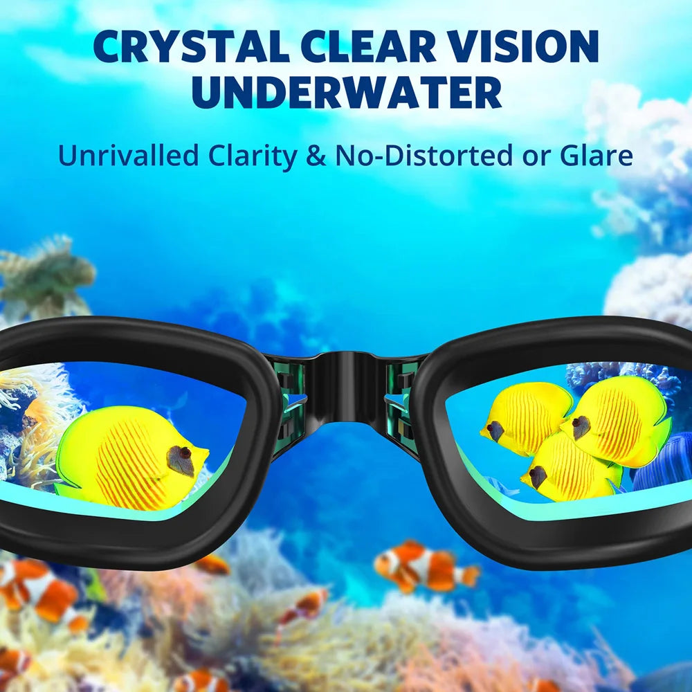 A pair of black swimming goggles with a clear lens showing underwater fish and coral.
