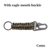 A camo multi-tool keychain featuring an eagle mouth buckle and braided cord.