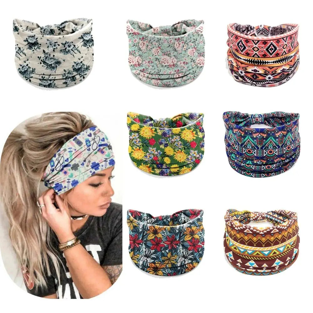 Colección de bandas para la cabeza de yoga bohemias con patrones florales y geométricos en varios colores.