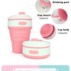 Pink and white reusable silicone collapsible coffee cup with a lid shown in various views.