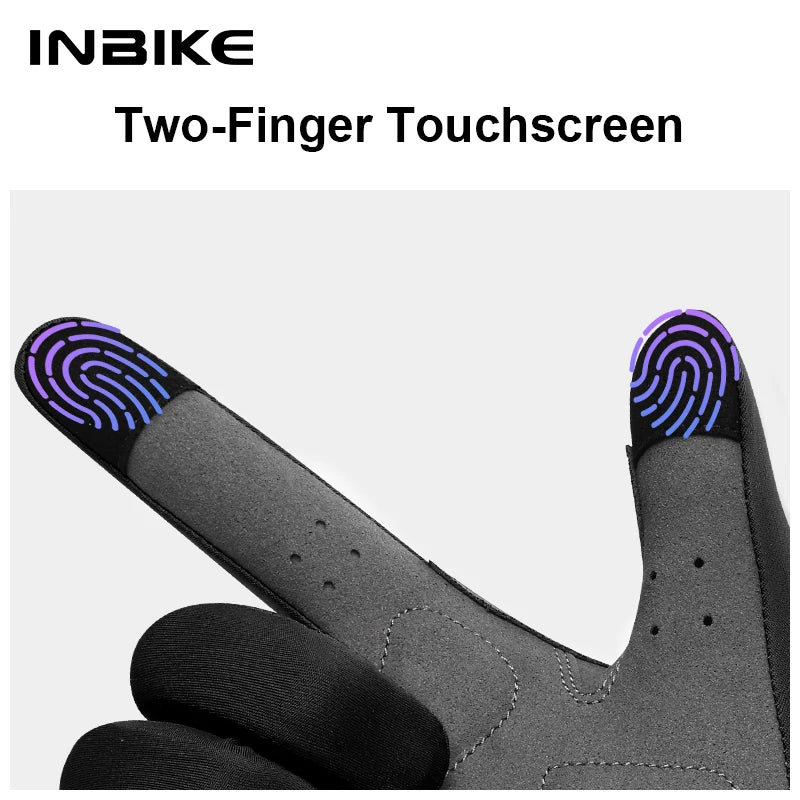 Close-up of a black cycling glove showing a two-finger touchscreen fingerprint sensor on the palm.