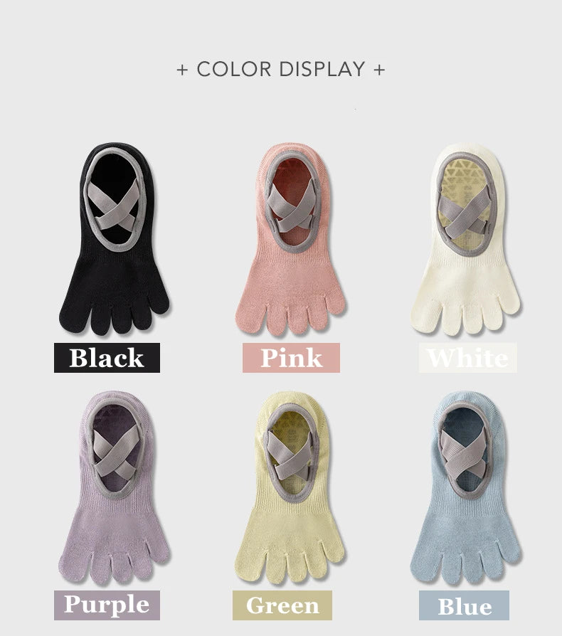 A display of five-finger invisible yoga and fitness socks in black, pink, white, purple, green, and blue.