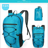 A bright blue waterproof hiking backpack shown in multiple views.