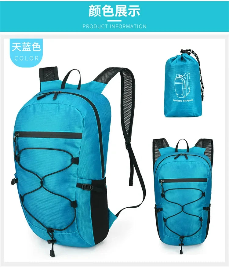 A bright blue waterproof hiking backpack shown in multiple views.