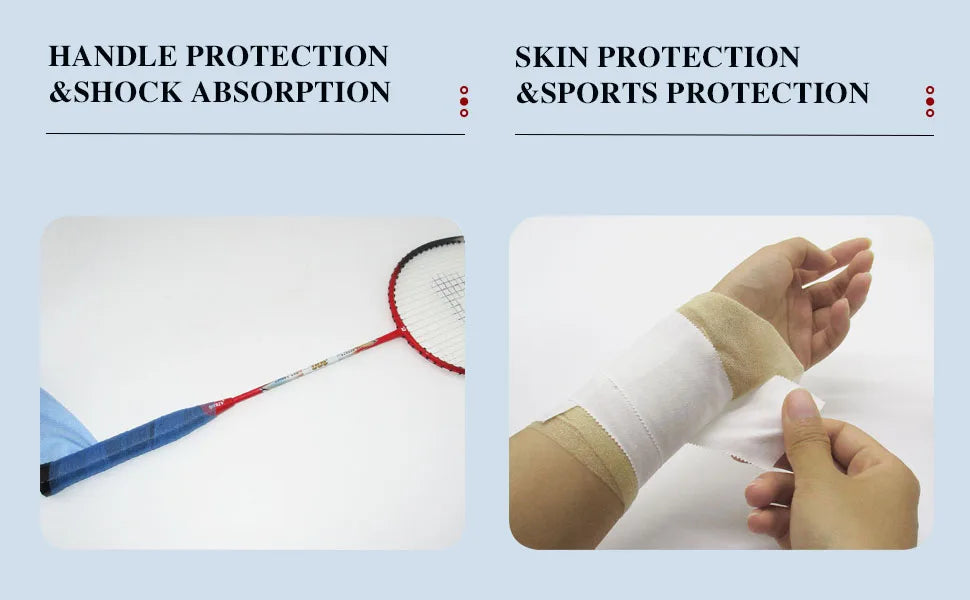 A close-up of a hand wrapped in protective foam athletic tape for skin and handle protection.