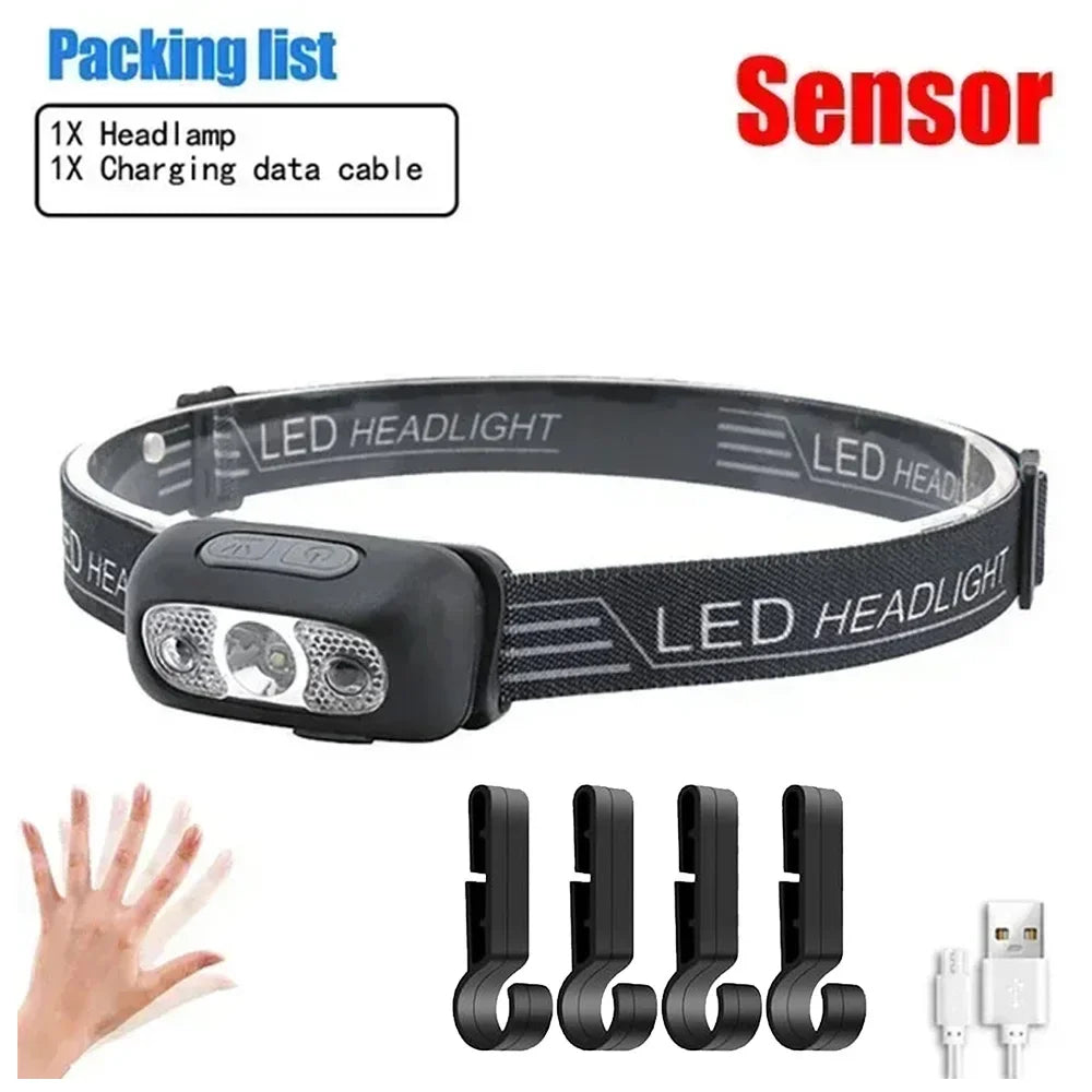 Packaging list for an intelligent LED headlamp with sensor, including a LED headlight and charging data cable.