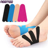 Precut kinesiology tape in various colors applied to the foot and ankle for joint support