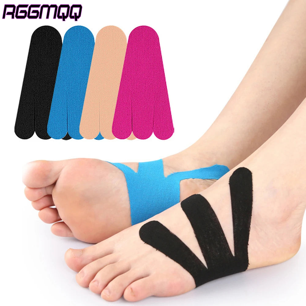 Precut kinesiology tape in various colors applied to the foot and ankle for joint support
