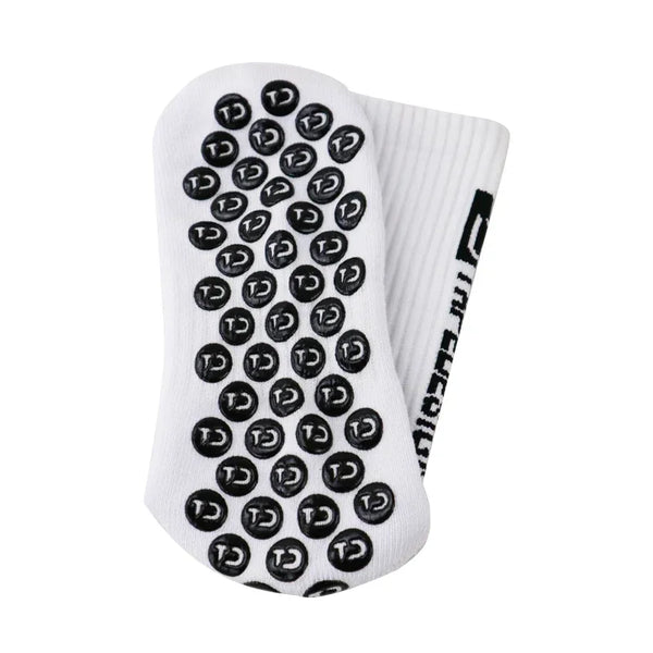 White anti-slip performance sports socks with a repeating pattern of Hebrew letters