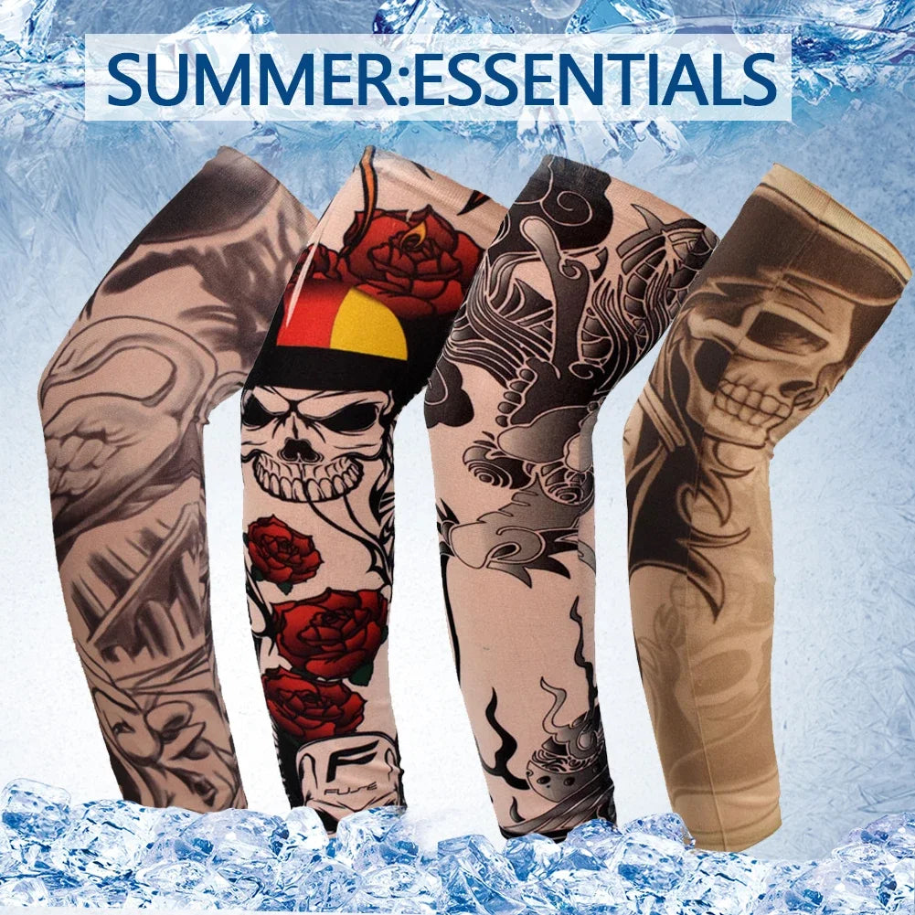 A collection of summer essential reusable stretch tattoo arm sleeves featuring skulls and roses displayed against a snowy bac