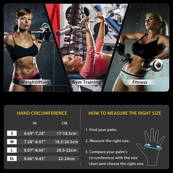 Image showing various fitness activities and instructions on how to measure hand circumference for cycling gloves