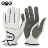 Une paire de gants de golf GOG blancs et noirs, présentés sur un fond blanc.
