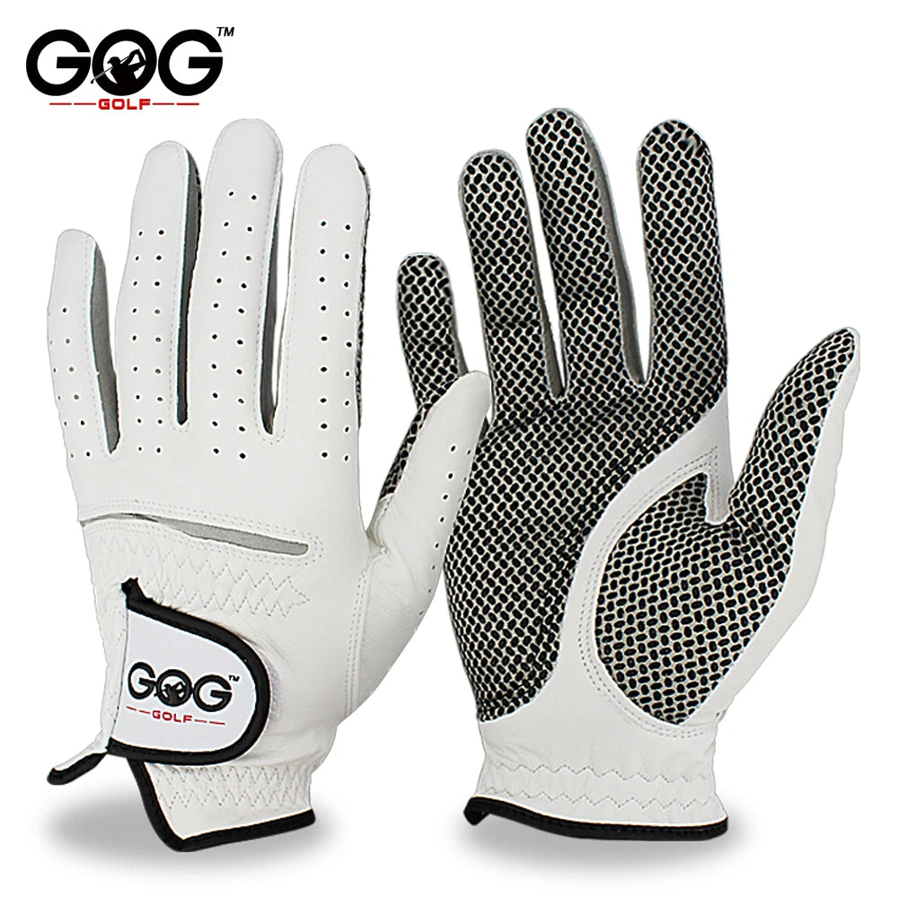 Une paire de gants de golf GOG blancs et noirs, présentés sur un fond blanc.