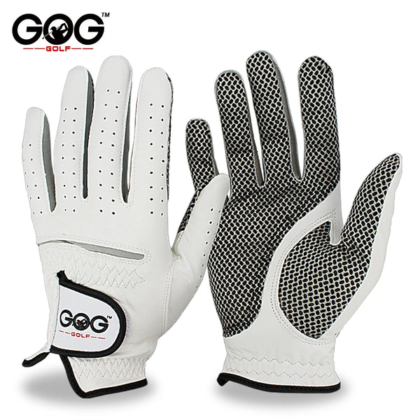 A pair of white and black GOG golf gloves shown against a white background.