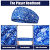 Blue patterned player headband shown with details on fabric, flexibility, and breathability.