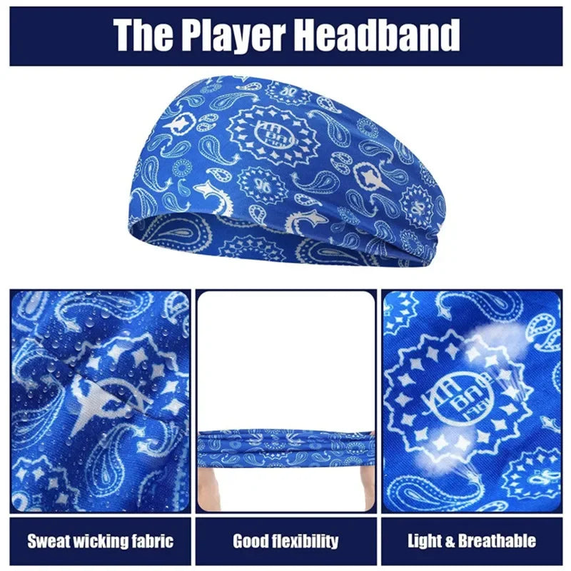 Blue patterned player headband shown with details on fabric, flexibility, and breathability.