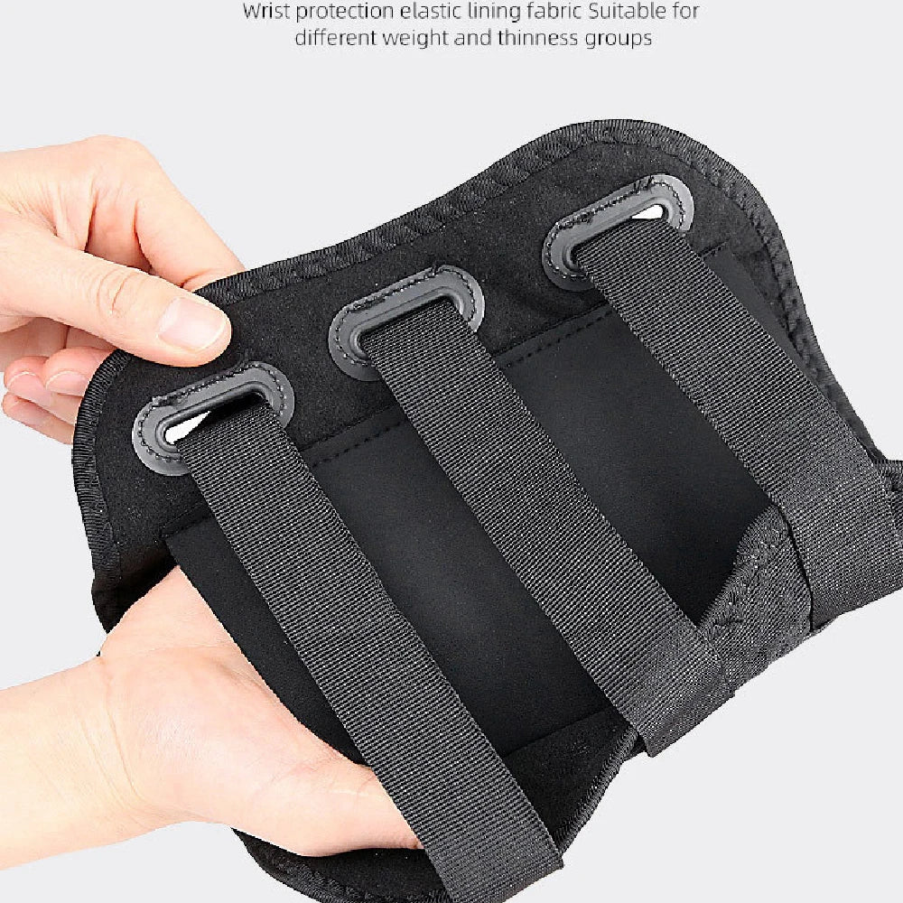 A hand holds a black wrist protection elastic lining fabric suitable for different weight and thinness groups.