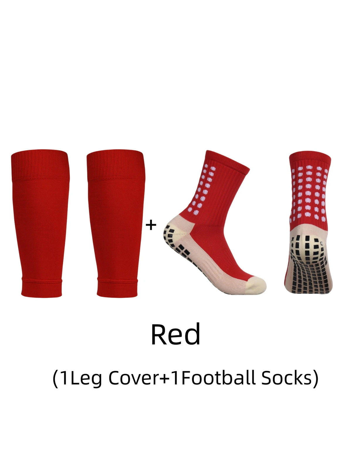 A set of red leg covers and football socks for leg protection.