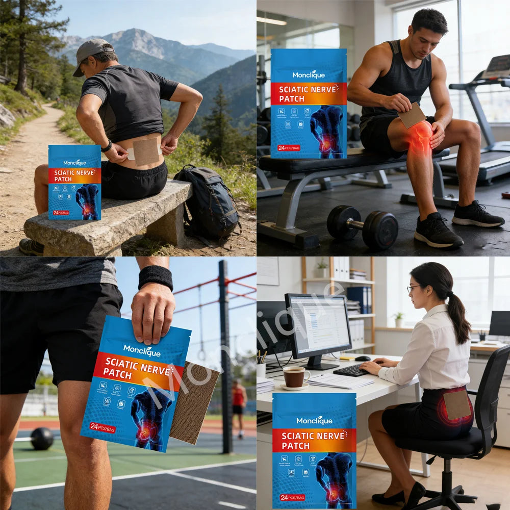 Montelique Sciatic Nerve Patch product packaging shown in various contexts.