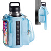 Light blue magnetic accessory holder for a water bottle and smartphone, shown hanging on a door.