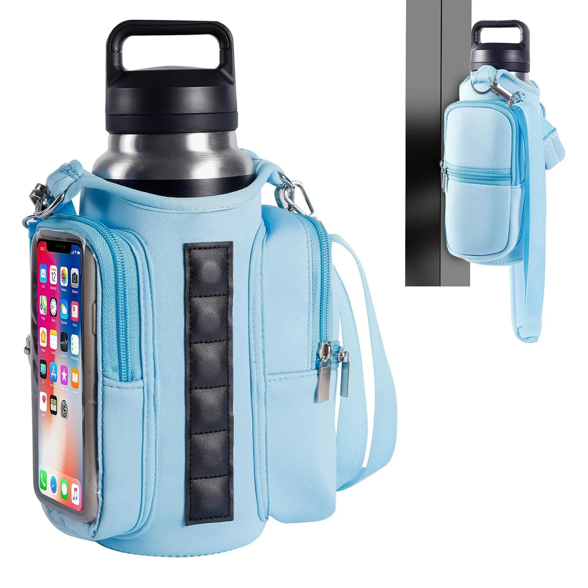 Light blue magnetic accessory holder for a water bottle and smartphone, shown hanging on a door.