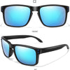 A pair of black sunglasses with blue polarized lenses shown from the front and side angle.