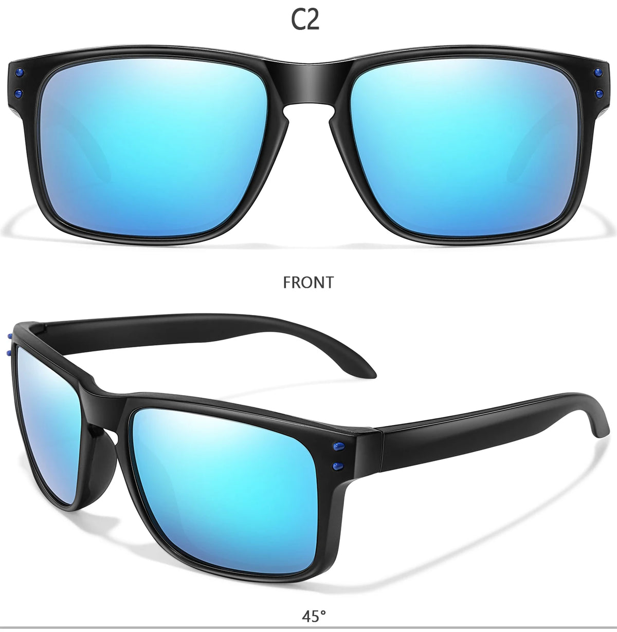 A pair of black sunglasses with blue polarized lenses shown from the front and side angle.