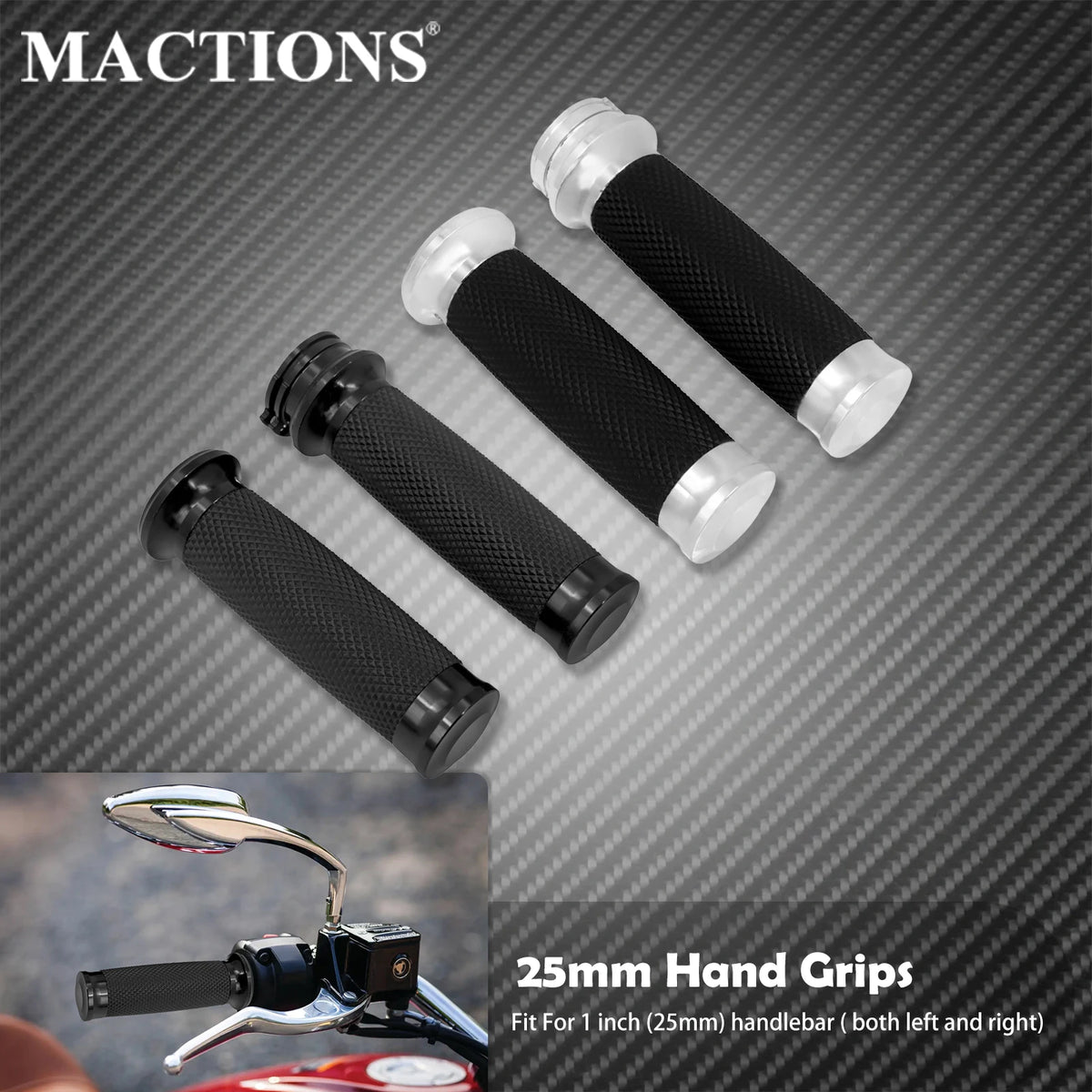 Ein Satz von 25-mm-schwarzen und silbernen Griffen für Motorradlenker.
